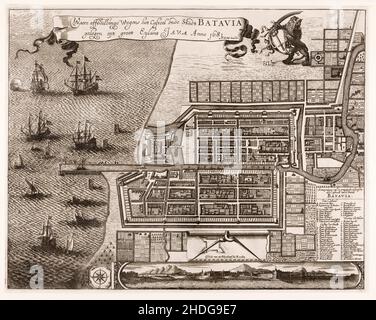 Carte et vue de Batavia (Antilles néerlandaises) par Venceslaus Hollar (attribué), 1691-1731 Banque D'Images