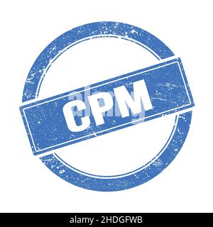 Texte CPM sur timbre bleu rond grungy vintage. Banque D'Images