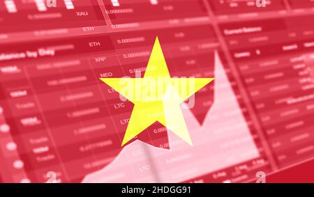 Drapeau du Vietnam et barre graphique du marché boursier.Crypto-monnaie.Croissance du stock de Bitcoin.Image conceptuelle pour les investisseurs dans la crypto-monnaie et blockchain Tech Banque D'Images