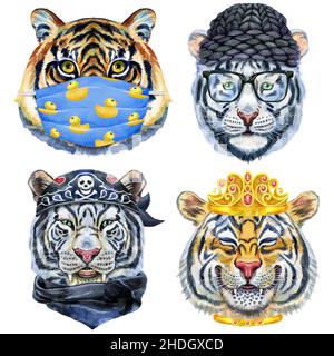 Aquarelle illustration de tigres dans un bonnet d'hiver tricoté, bandana de motard, masque médical et une couronne dorée Banque D'Images