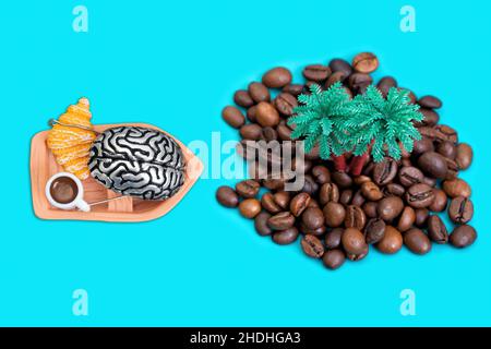 Cerveau humain miniature dans un bateau en bois par une île isolée faite de grains de café torréfiés et de palmiers. Banque D'Images