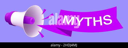 Mégaphone avec une étiquette ou une étiquette de mythes.3D illustration de l'embout buccal ou du haut-parleur manuel avec ruban volant.Emblème ou icône en forme de corne de taureau.Vecteur horizontal bann Illustration de Vecteur