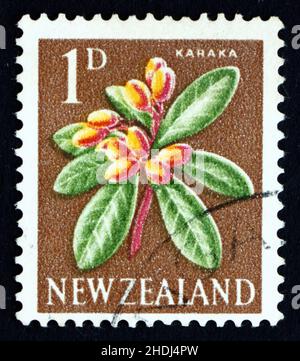 NOUVELLE-ZÉLANDE - VERS 1961 : un timbre imprimé en Nouvelle-Zélande montre la fleur de Karaka, Corynocarpus laevigatus, Evergreen Laurifolia Tree, vers 1961 Banque D'Images