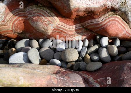 Veines de quartz rouge et blanc taché de fer en défaut à Mumbles Head sur le rivage de galets Banque D'Images