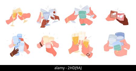 Les mains des amis tiennent des verres et des mugs avec des boissons Illustration de Vecteur