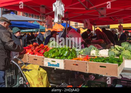 Leon, Espagne, 3 février 2019.Vue sur le marché traditionnel des fruits et légumes de la place principale de Leon. Banque D'Images