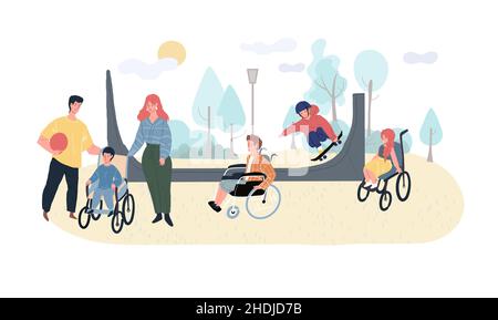 Personnages de dessin animé plat dans le parc de skate, enfants en bonne santé et handicapés ont plaisir ensemble, vecteur d'illustration concept Illustration de Vecteur