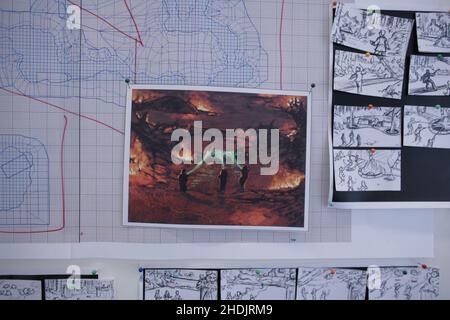 Storyboard avec des croquis et des dessins pour faire les jeux vidéo Harry Potter au développement de jeux d'Electronic Arts. Banque D'Images