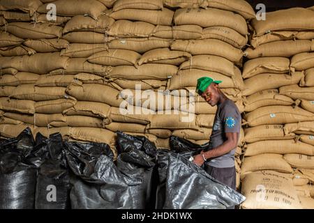 JARABACOA, RÉPUBLIQUE DOMINICAINE - 10 DÉCEMBRE 2018: Sacs de café dans l'usine de café Monte Alto à Jarabacoa, République Dominicaine Banque D'Images