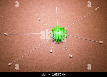 Un tableau de preuve en liège avec plusieurs cordes du point central allant vers les broches autour du tableau.Résoudre le cas compliqué du coronavirus. Banque D'Images
