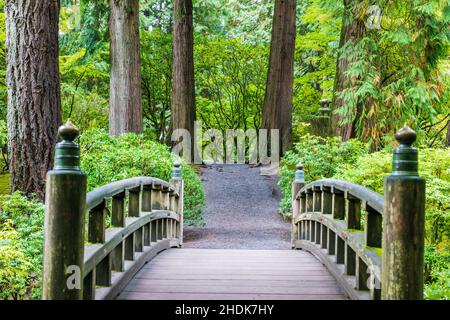 Pont en bois au-dessus de l'étang de promenade; Portland Japanese Gardens; Portland; Oregon; États-Unis Banque D'Images