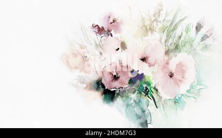 fleurs, aquarelle, peinture, fleurs, valentain de fleurs,dessin Banque D'Images