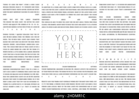 Maquette de colonne de publicité de journal grise avec espace de copie sur un arrière-plan de texte de mots d'article flou.Feuille de nouvelles monochrome imprimée avec t vide Banque D'Images
