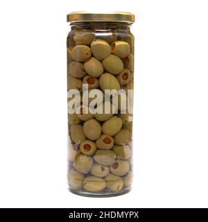 olives, fourrées, bocal, olives, fils,bocaux Banque D'Images