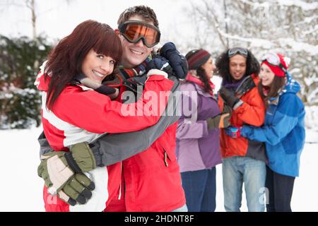 couple amoureux, skieurs, snowboarder, couples amoureux, skieur,snowboarders Banque D'Images