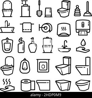 Ensemble d'icônes sanitaires telles que toilettes, serviette, toilettes, urinoir, papier hygiénique,Brosse de toilette etc. Illustration vectorielle isolée sur fond blanc Illustration de Vecteur