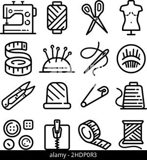Jeu d'icônes liées à la couture. Outils de couture et de couture pictogramme vectoriel de contour modifiable, symboles modernes, isolés sur fond blanc. Illustration de Vecteur