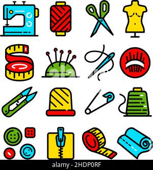 Jeu d'icônes liées à la couture. Outils de travail à aiguille vecteur pictogramme de contour modifiable, symboles de couleur modernes, isolés sur fond blanc, dans un style simple. Illustration de Vecteur