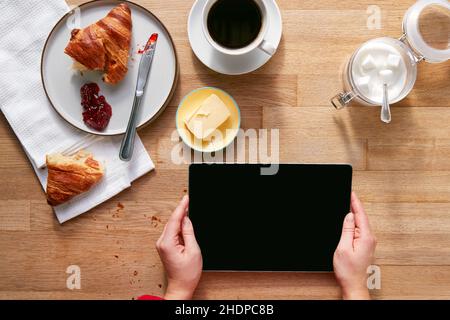 petit déjeuner, matin, tablette pc, petits déjeuners, ipad,tablette pc Banque D'Images