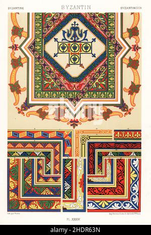 Art byzantin : manuscrits illuminés, 11th siècle.Top flower 1 tiré du manuscrit grec Bibliothèque nationale MS 230, et toutes les autres frontières 2-17 de MS 1075, Evengelieire ou Apocalypse d'Aquitaine ou d'Espagne.Byzantin.Chromolithographe à finition manuelle par Praton de l’Environnement Polychrome d’Albert-Charles-Auguste Racinet, (ornement polychromatique), Firmin-Didot, Paris, 1869-73. Banque D'Images