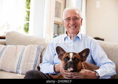 senior, amitié, animaux de compagnie, chien de taureau français, personnes âgées,vieux, aînés, amitiés, animaux de compagnie, buldogs français Banque D'Images