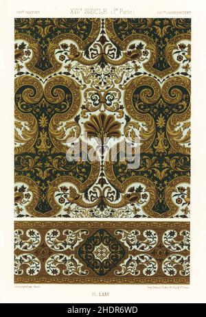 Panneau en cuir doré avec bordure, 17th siècle.Cuir Cordovan estampé d'or et d'argent, Musée Cluny.XVIIème Siecle.Chromolithographe fini à la main par G. Sanier de l’Environnement Polychrome d’Albert-Charles-Auguste Racinet, (ornement polychromatique), Firmin-Didot, Paris, 1869-73. Banque D'Images