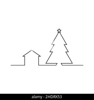 Dessin continu d'un arbre de Noël avec décorations.Nouveau concept de l'année, sapin fait d'une ligne dans un style moderne minimaliste pour les vacances Illustration de Vecteur
