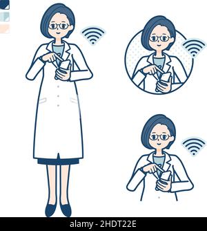 Une femme médecin sous un manteau de laboratoire avec des images de smartphone d'opération. C'est l'art vectoriel pour qu'il soit facile à éditer. Illustration de Vecteur