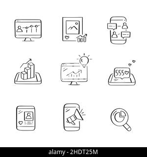 Icônes liées au marketing et à la gestion de contenu sur les médias sociaux.Icônes d'esquisse dessinées à la main Illustration de Vecteur