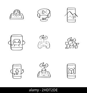 Jeu d'icônes de réalité augmentée.Utilisation dans les téléphones mobiles et les tablettes pour les jeux, les achats et la navigation.Icônes d'esquisse dessinées à la main Illustration de Vecteur