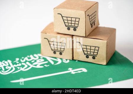 Boîte avec le logo du panier et le drapeau de l'Arabie Saoudite, Import Export Shopping en ligne ou eCommerce service de livraison de financement magasin d'expédition de produit, commerce, Banque D'Images