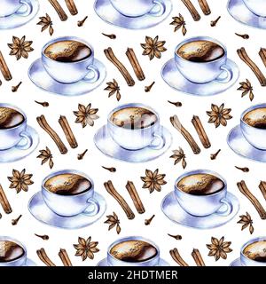 Aquarelle illustration d'un motif de tasses de café et soucoupes blanches, bâtonnets d'épices, étoiles de cannelle et clous de girofle.Café dans une tasse blanche avec mousse.Noir Banque D'Images