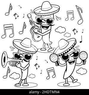 Poivrons de mariachi chauds de dessin animé.Page de couleur noir et blanc. Banque D'Images