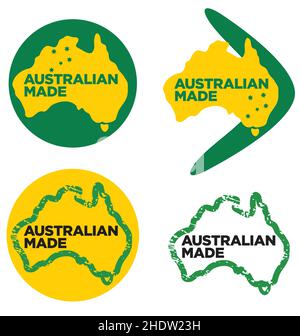 Divers logos australiens fabriqués en Australie vert et or ensemble de 4 vecteurs isolés sur fond blanc Illustration de Vecteur