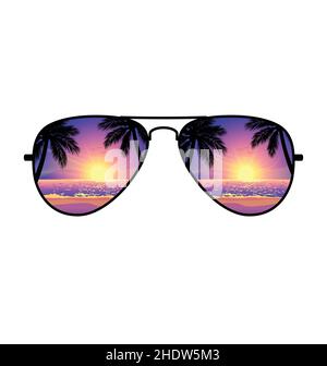 Plage de coucher de soleil violet frais reflétée dans Aviator lunettes de soleil avec miroir lentilles tshirt design graphique vecteur isolé sur fond blanc Illustration de Vecteur