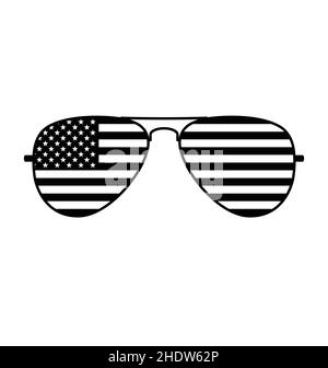 Lunettes de soleil style aviateur simples avec drapeau des États-Unis dans des lentilles noir et blanc, vecteur monochrome isolé sur fond blanc Illustration de Vecteur