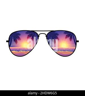 Plage de coucher de soleil violet frais reflétée dans Aviator lunettes de soleil avec miroir lentilles tshirt motif graphique vecteur Illustration de Vecteur