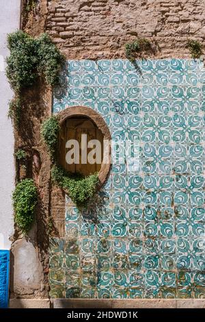 Encore la vie d'une ouverture/fenêtre ovale dans un mur abandonné avec tuiles azulejo, végétation, briques et peinture écaillée sur un volet en bois.Portugal. Banque D'Images