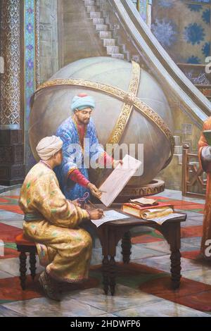 Un détail d'une peinture qui dépeint Mirzo Ulughbek avec ses collègues astronomes, travaillant sur des mesurages avec un grand globe.Au musée Amir Timur à Banque D'Images