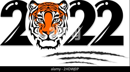 2022 année de tigre, dessin visage de tigre lignes noires, orange et blanches, marques de griffe déchiquetées et numéros 2022 pour affiche, brochure, bannière, carte d'invitation Illustration de Vecteur