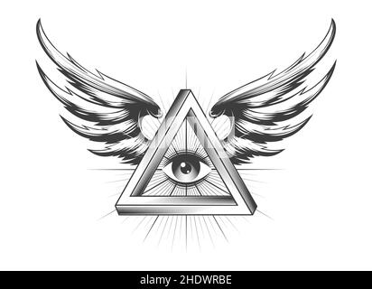 Tatouage de Masonic tous voyant oeil à l'intérieur du triangle avec des ailes isolées sur blanc.Illustration vectorielle. Illustration de Vecteur