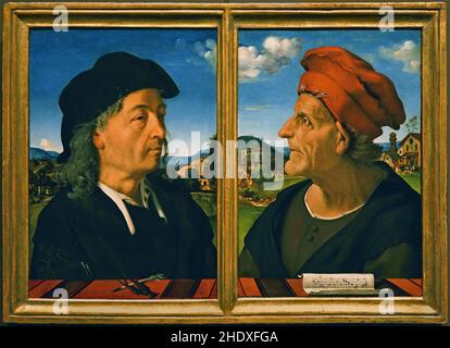 Portraits de Giuliano et Francesco Giamberti da Sangallo, Piero di Cosimo, 1482 - 1485 ce diptych exceptionnel présente l'éminent architecte florentin Giuliano da Sangallo avec son père Francesco, qui a été récemment décédé, architecte et musicien, Italie italienne, Banque D'Images