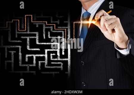 stratégie, labyrinthe, solution, sortie, stratégies,labyrinthes, rétroaction, résultat, solutions, sorties Banque D'Images