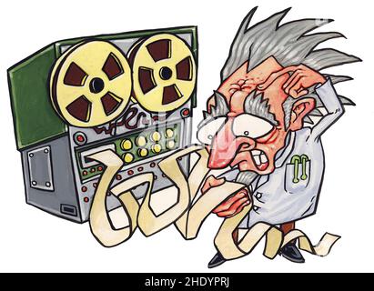 Illustration d'un dessin animé montrant un technicien scientifique de 1960s travaillant sur un ordinateur de lecteur de bande de style Honeywell avec un point-Matrix de lecture de papier. Banque D'Images