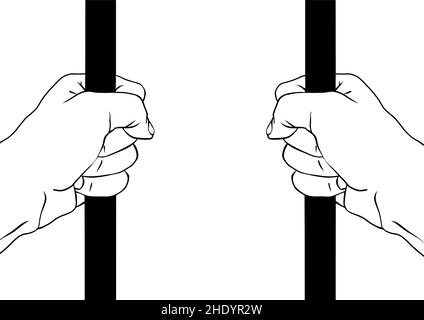 mains du prisonnier fermées sur les barreaux.Dessin vectoriel noir et blanc Illustration de Vecteur