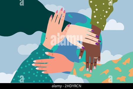 Bannière de la Journée internationale de la femme montrant les différentes mains Illustration de Vecteur