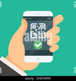 Passeport de vaccination pour COVID-19 affiché sur smartphone tenu en main, icône de vaccination par code qr, passeport d'immunité de surveillance, vecteur Illustration de Vecteur