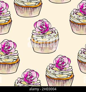 Motif raster sans couture de cupcakes à base beige et garnitures crème jaune-rose, orné de fleurs sur fond jaune.Illustration de haute qualité Banque D'Images