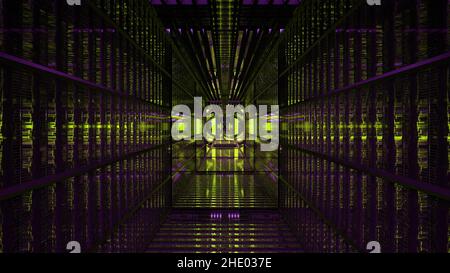 Tunnel SCI fi avec lumières vertes et violettes 4K illustration UHD 3D Banque D'Images