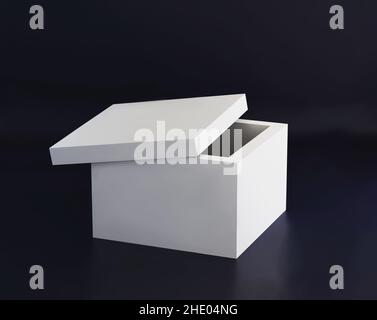 Boîte ouverte simple en carton blanc vierge avec couvercle, 3D rendus Banque D'Images